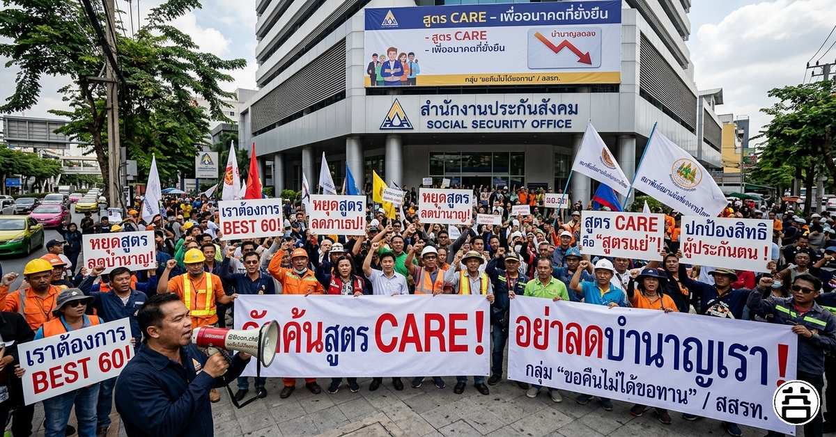 การชุมนุมคัดค้านสูตร CARE หน้าสำนักงานประกันสังคม — ป้าย 'คัดค้านสูตร CARE! อย่าลดบำนาญเรา!' กลุ่มขอคืนไม่ได้ขอทาน / สสรท.