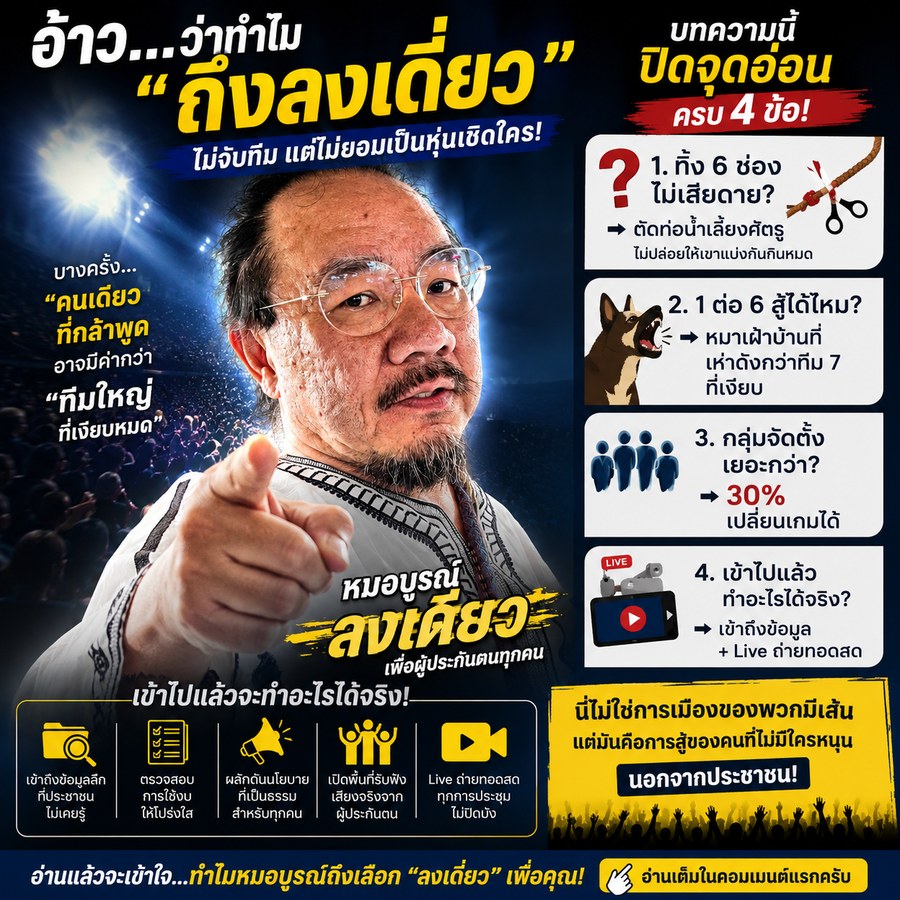 หมอบูรณ์ อารยพล ลงเดี่ยว ทำไมถึงลงเดี่ยว ไม่จับทีม ปิดจุดอ่อน 4 ข้อ เลือกตั้งบอร์ดประกันสังคม 27 กันยายน 2569