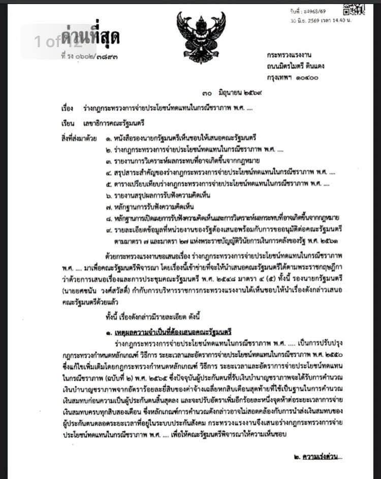 หนังสือกระทรวงแรงงาน ด่วนที่สุด เรื่องร่างกฎกระทรวงการจ่ายประโยชน์ทดแทนกรณีชราภาพ เสนอต่อคณะรัฐมนตรี ลงวันที่ 30 มิถุนายน 2569