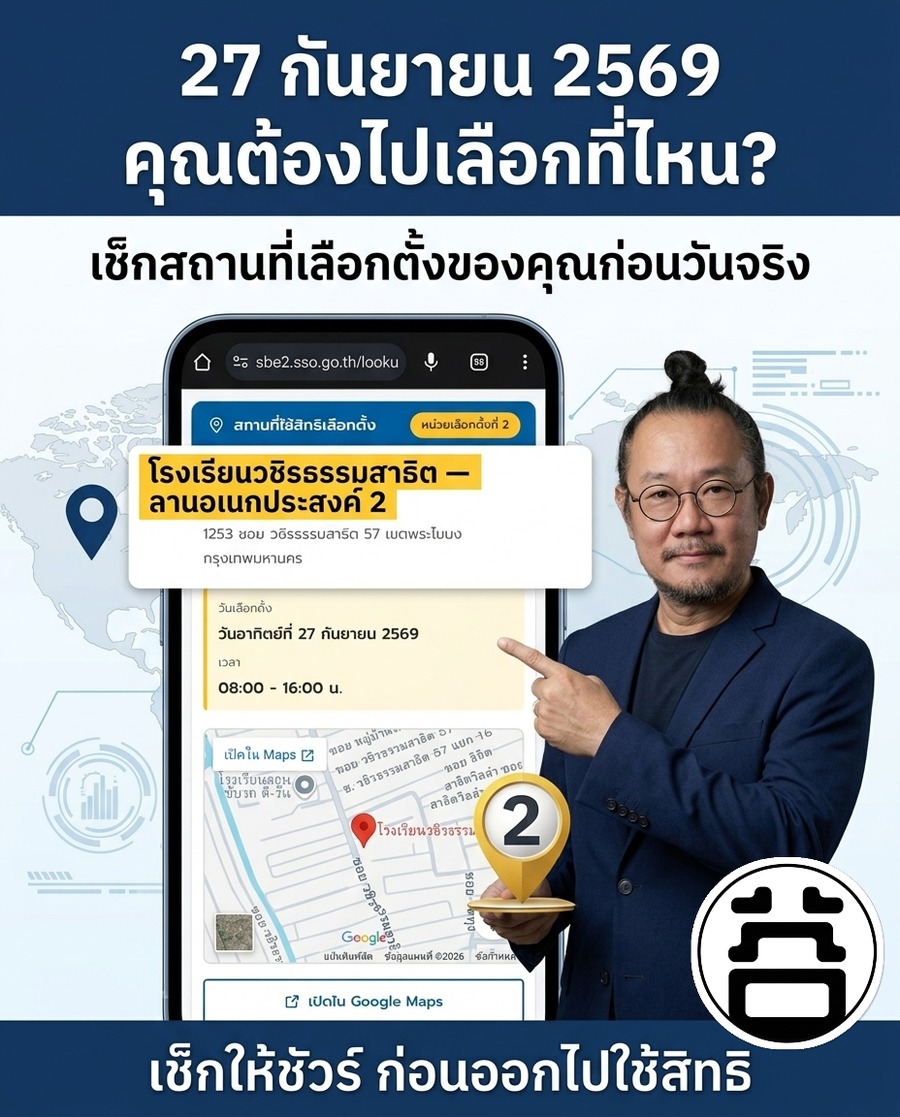 หมอบูรณ์เช็กจุดเลือกตั้งของตัวเองผ่านระบบ sbe2.sso.go.th — โรงเรียนวชิรธรรมสาธิต ลานอเนกประสงค์ 2 หน่วยเลือกตั้งที่ 2 เขตพระโขนง วันเลือกตั้ง 27 กันยายน 2569