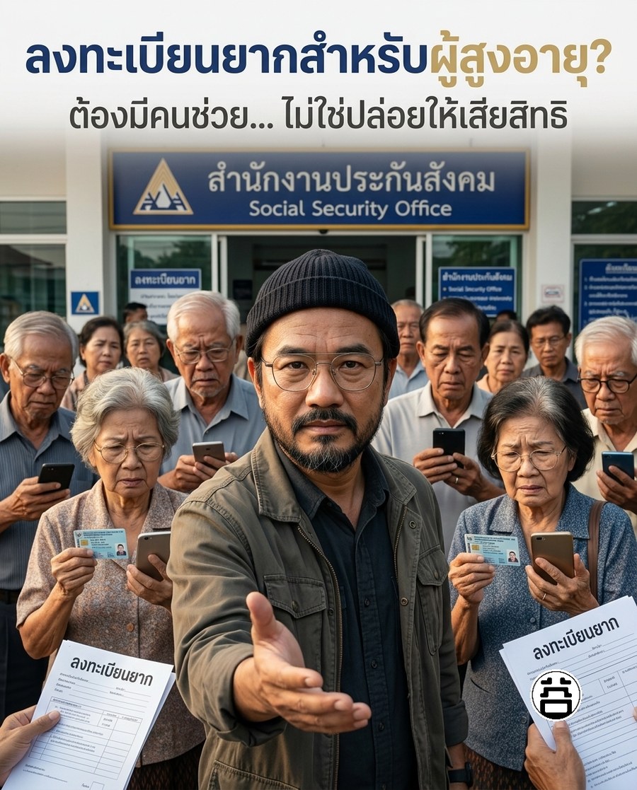 หมอบูรณ์ อารยพล ยืนอยู่กับผู้สูงอายุ ลงทะเบียนยากสำหรับผู้สูงอายุ ต้องมีคนช่วย ไม่ปล่อยให้เสียสิทธิ