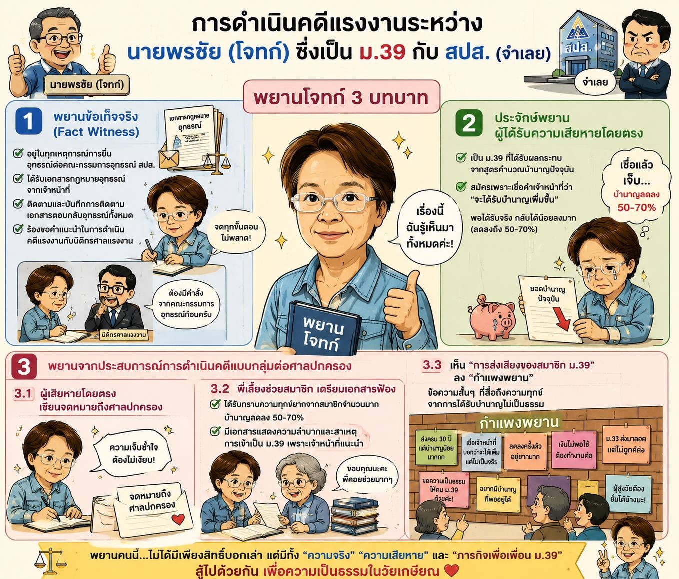 อินโฟกราฟิกอธิบายพยานโจทก์ 3 บทบาท คดีแรงงานระหว่างนายพรชัย วรครุธ กับสำนักงานประกันสังคม